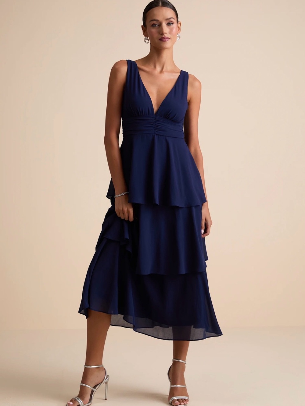 Lulu's Navy V-Neck Tiered Midi Dress